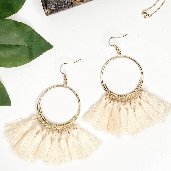 NanaMacs Jewelry - Cream Fringe Tassel Gold Hoop Earrings